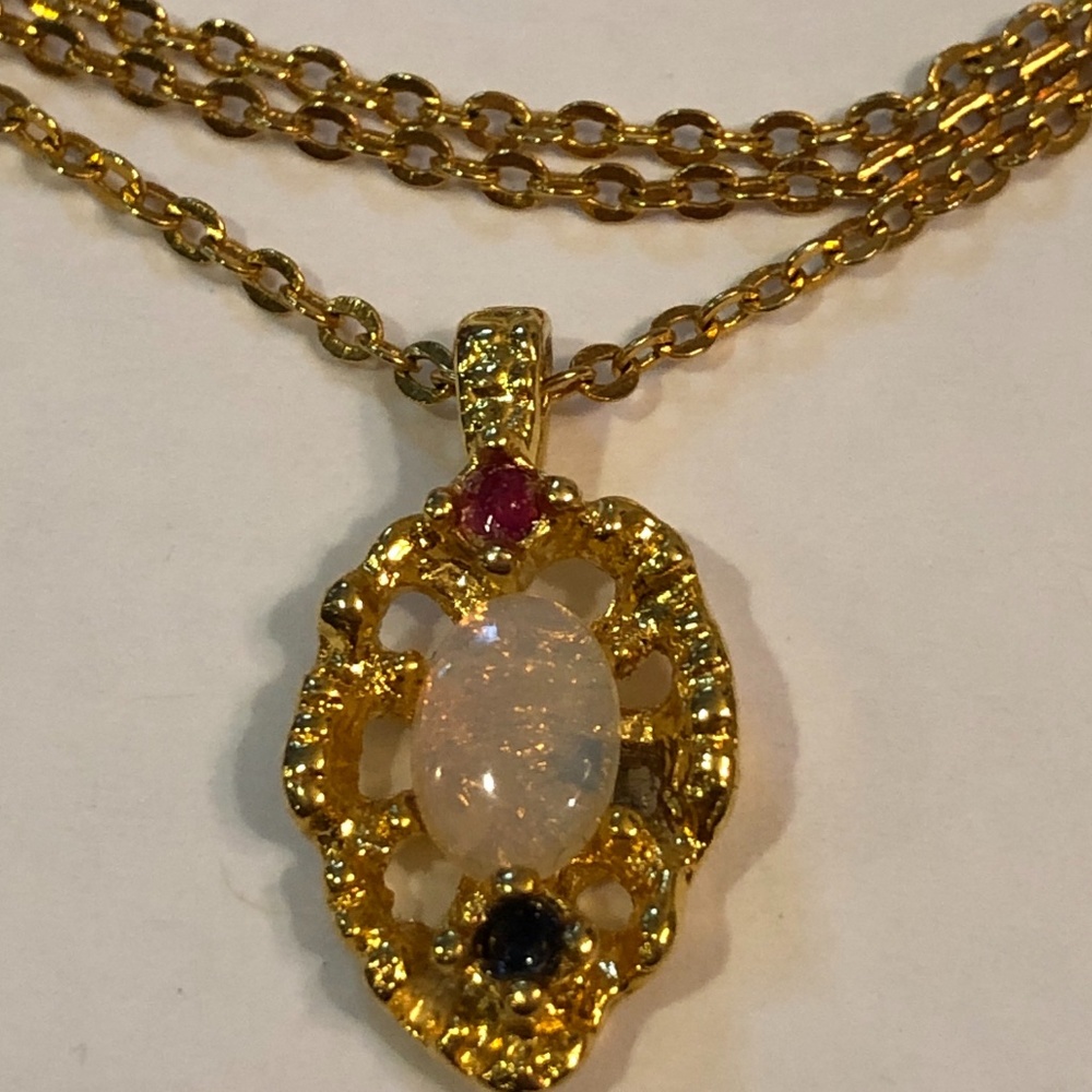 Vintage Opal gold leaf charm pendant necklace boho